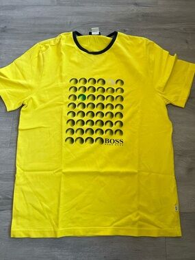 Boss Men's Bright Yellow Graphic Crewneck Tee with Black Trim